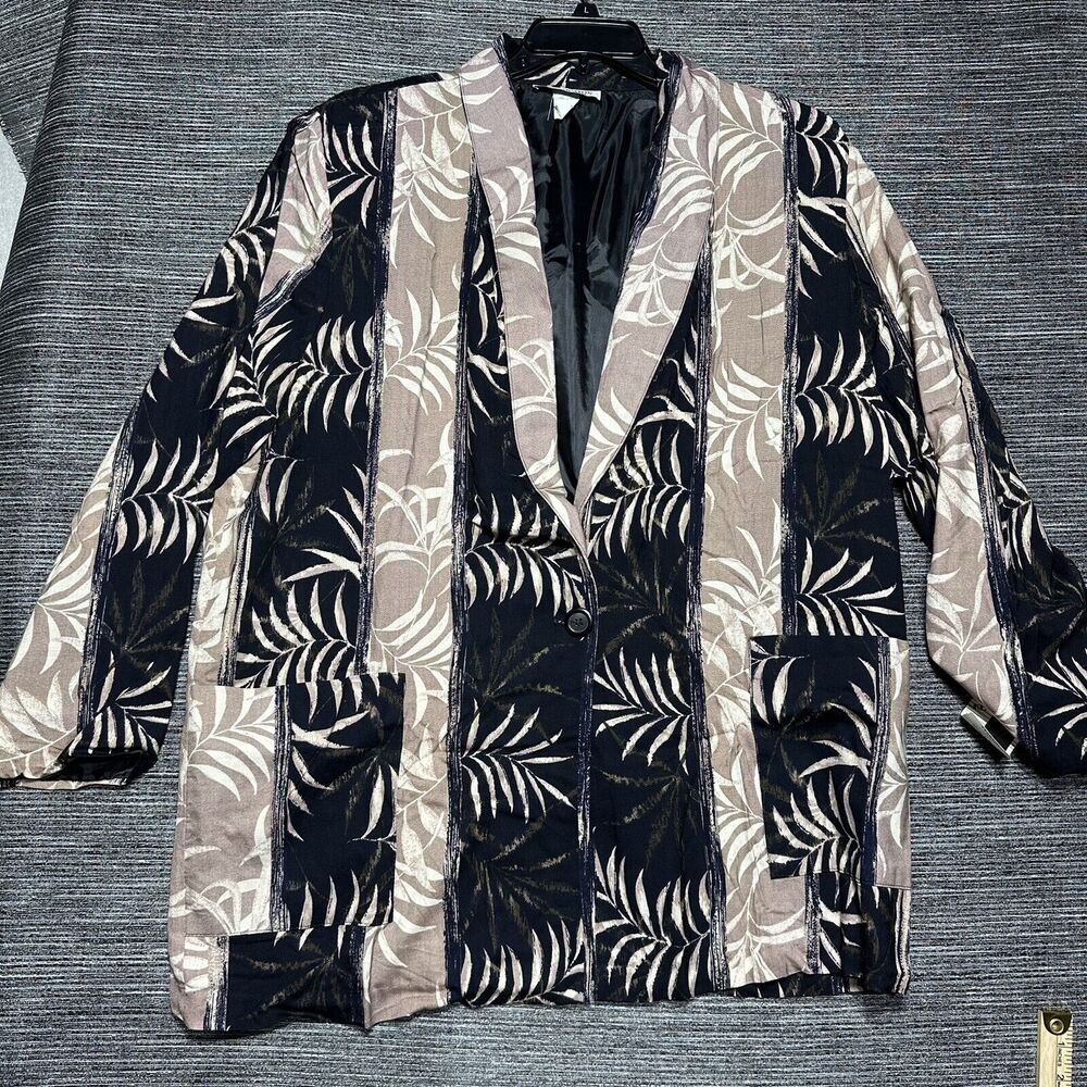 Kensington Square Vintage Blazer Women's XL Black Floral Striped Single Button